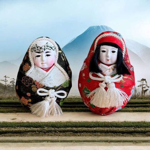 Vintage Japanese Wedding Doll Couple Roly-Poly Hime Daruma Gofun Face 4.5" Tall - Picture 10 of 10